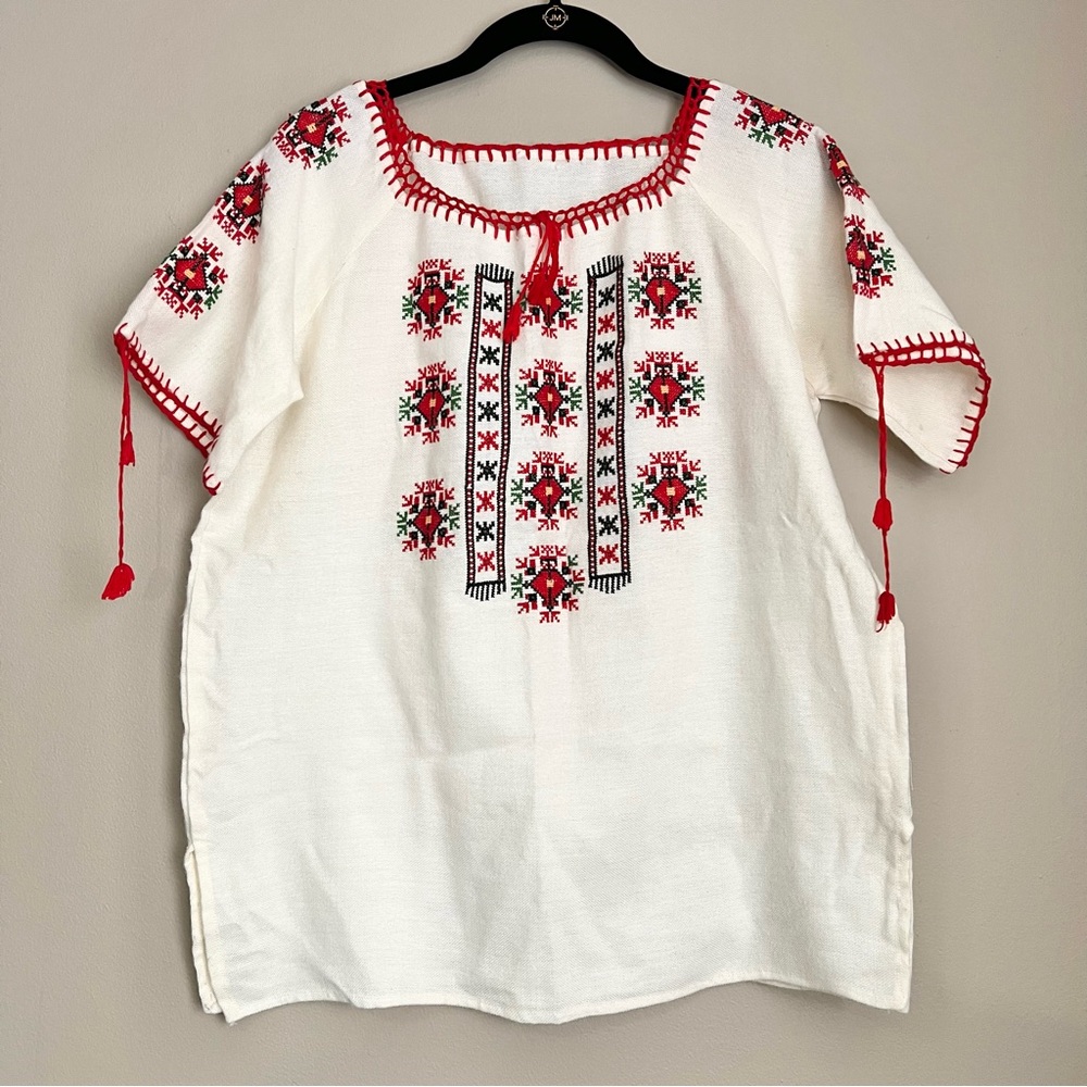 Embroidered Cross Stitch Boxy Cream Top Handmade Boho Festive Folk Cottagecore